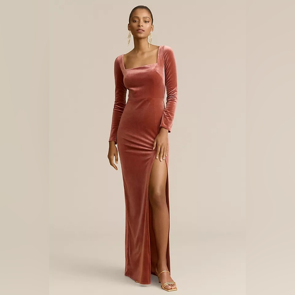 NWOT Jenny Yoo Rachel Velvet Square-Neck Side Slit Maxi Gown in English Rose